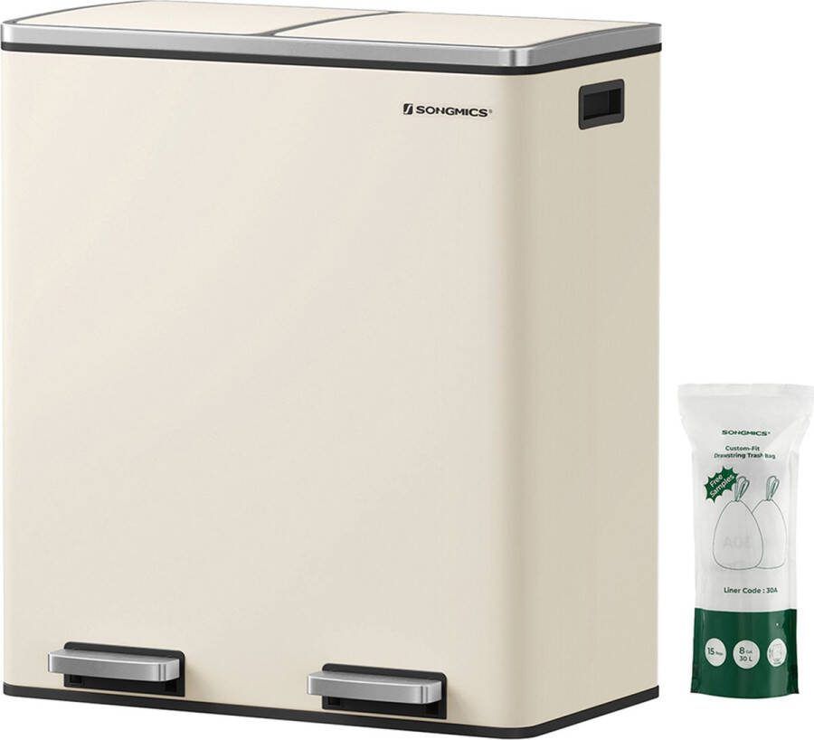 Unbranded Signature Home Prullenbak Afvalbak Afvalscheiding 2 x 30 L pedaalemmer met 15 vuilniszakken metalen pedaalemmers met scharnierende deksels en handgrepen luchtdicht roomwit