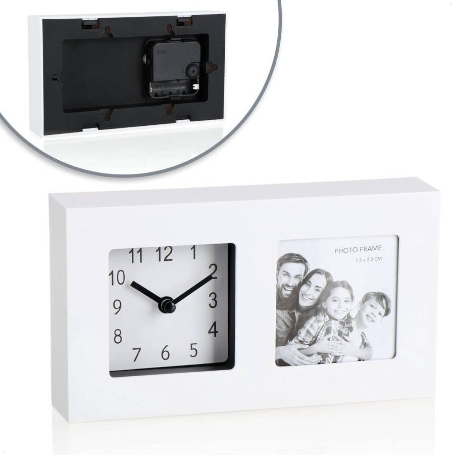 Unbranded tafelklok met fotolijst analoge klok op batterijen met fotolijst wandklok met witte wijzerplaat moderne fotodisplay met klok voor thuis of op kantoor (01 stuk wit)