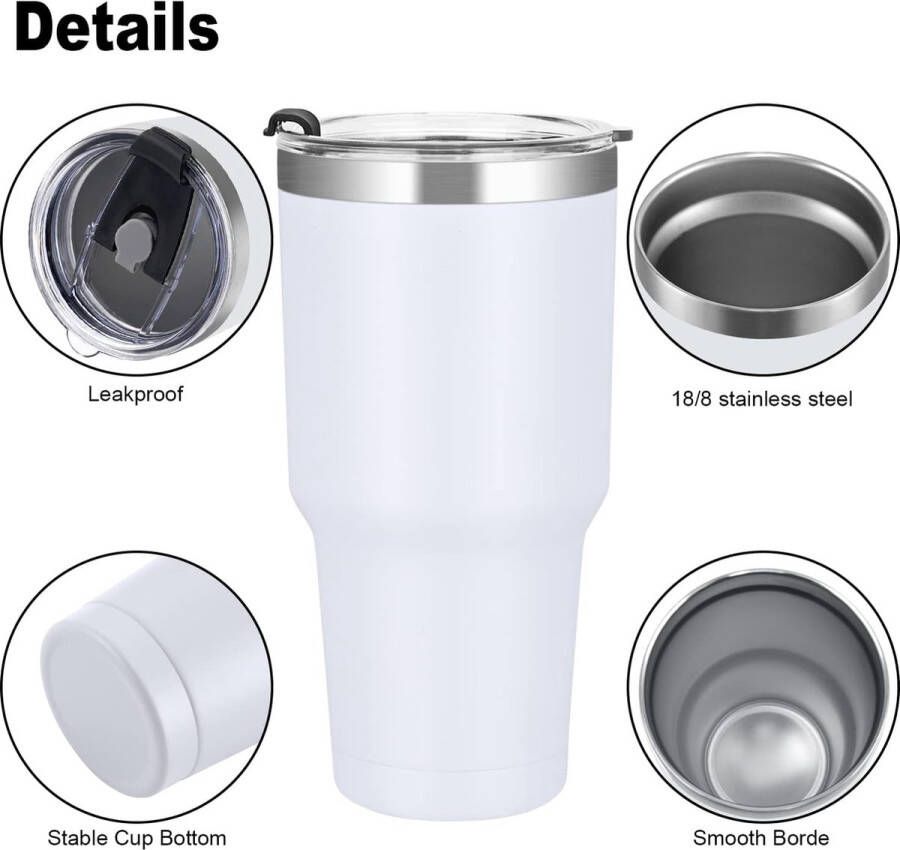 Unbranded Thermobeker voor mannen en vrouwen autobeker koffiebeker-to-go roestvrijstalen beker met rietje en deksel dubbelwandige vacuüm geïsoleerde drinkbeker campingbeker 900 ml wit