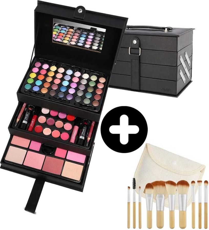 Unbranded Make Up Koffer Meisjes Met Inhoud 82-Delig Inclusief 10-Delige Kwasten Set & Reis Eui Make Up Set Kinderen Cosmetica Koffer + Kwasten Zwarte Beautycase Meisjes