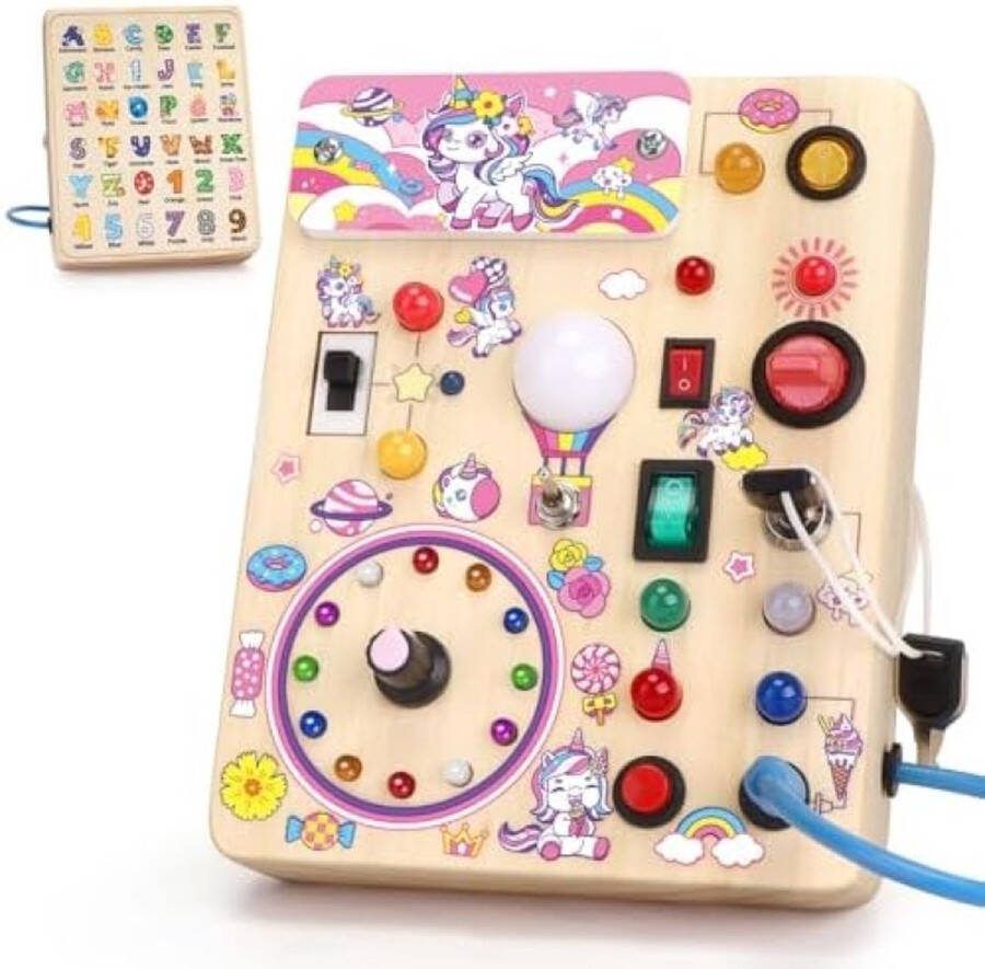 Unbranded Unicorn Montessori Speelgoed 1 2 3 jaar Busy Board Activiteitenbord Houten speelgoed met 10 schakelaars 23 LED-verlichting Speelgoed Zintuiglijk leerspeelgoed voor 1 2 3 jaar jongens en meisjes
