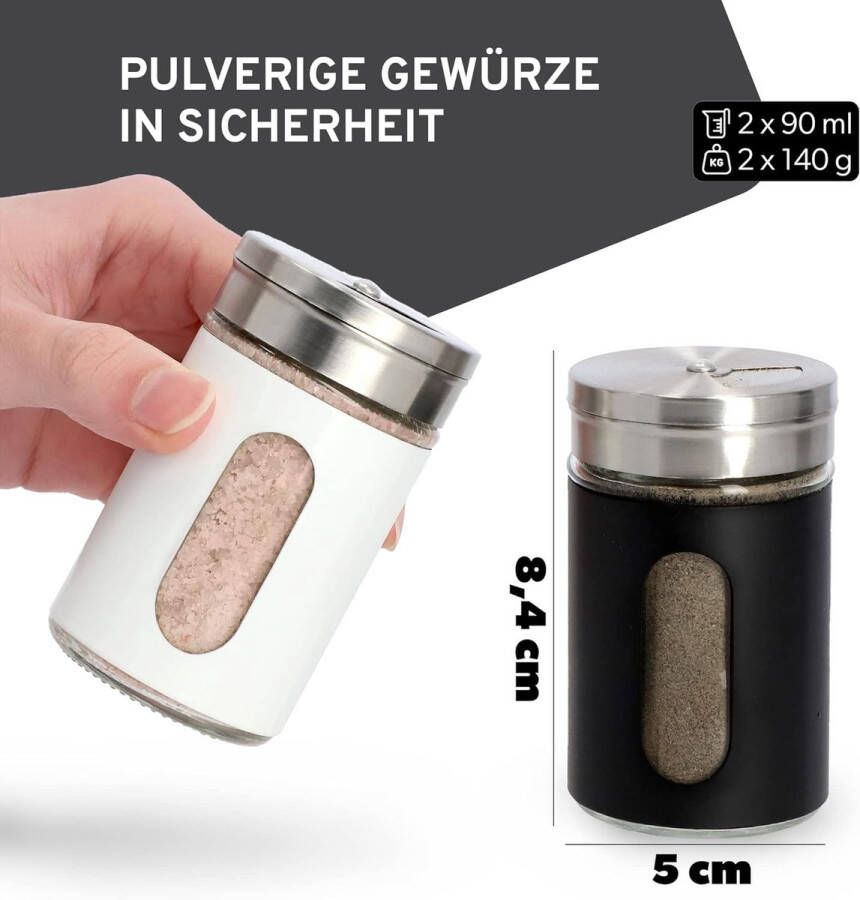 Unbranded Zout- en peperstrooier set van 2 90 ml strooier van glas en roestvrij staal zoutvaatje met deksel kruidenstrooier kruidenpotjes (wit zwart)