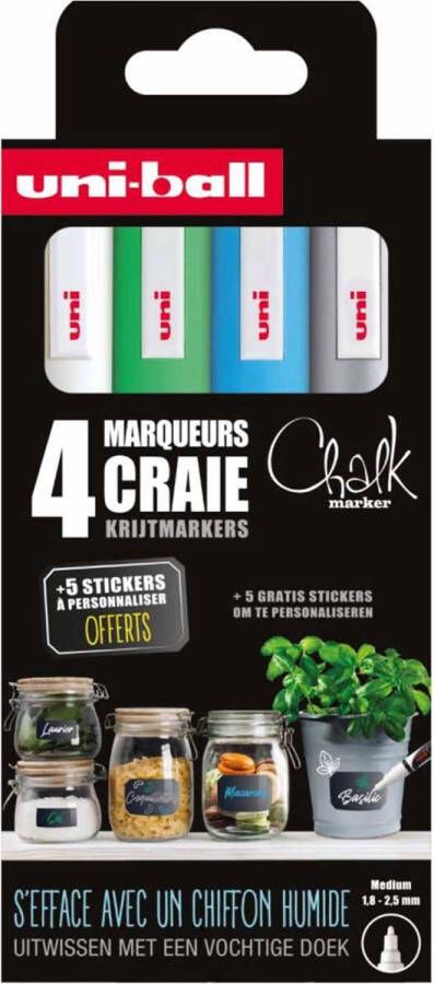 Uni-ball Chalk Markers Krijtstiften set van 4 stuks wit groen blauw en zilver 5x stickers om te personaliseren