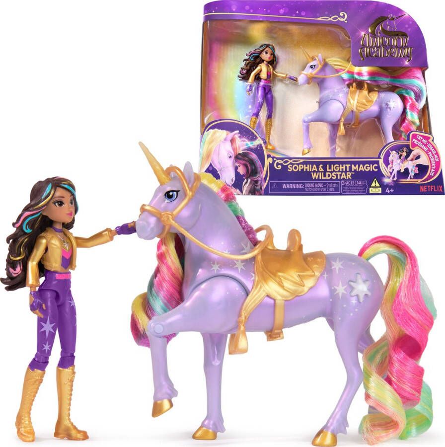 Unicorn Academy – Pop Sophia & Eenhoorn Wildstar met regenbooglichteffecten en 2 accessoires Speelfigurenset