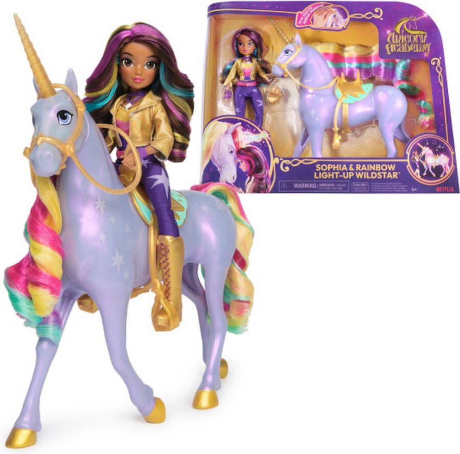 Unicorn Academy Sophia & Regenboog Lichtmagie Wildstar Modepop met Interactieve Eenhoorn met licht geluid en muziek