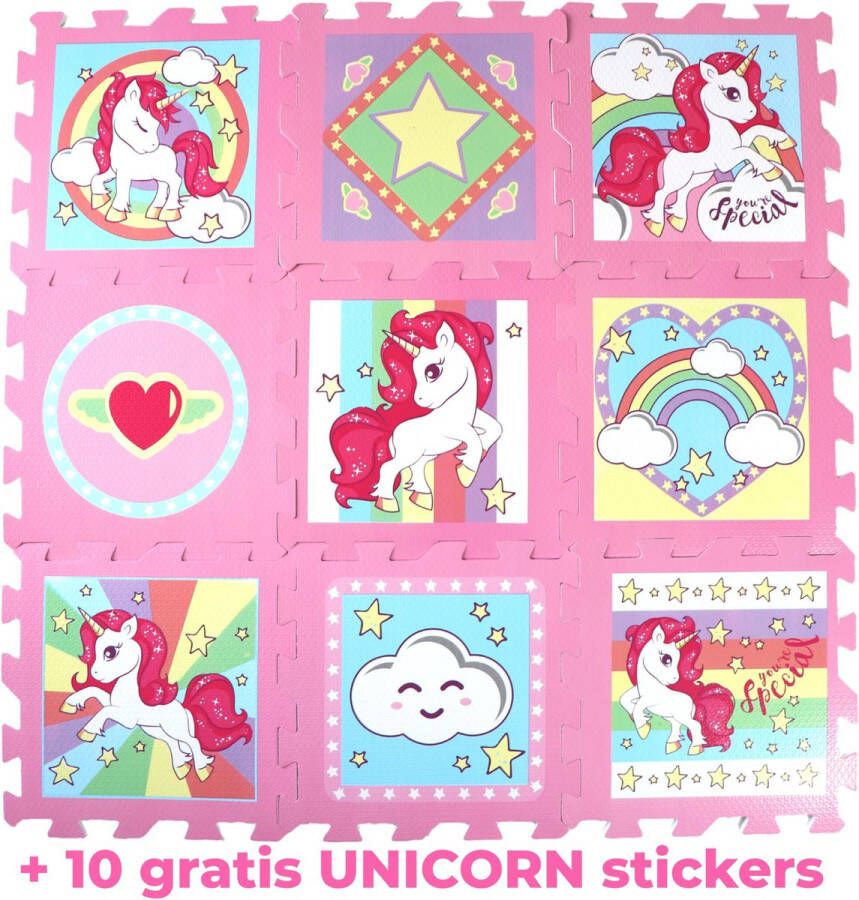 Unicorn Puzzelmat speelmat – 9 puzzelstukken – 90x90cm Foam mat + draagtas + 10 stickers – spelen voor kinderen FM01