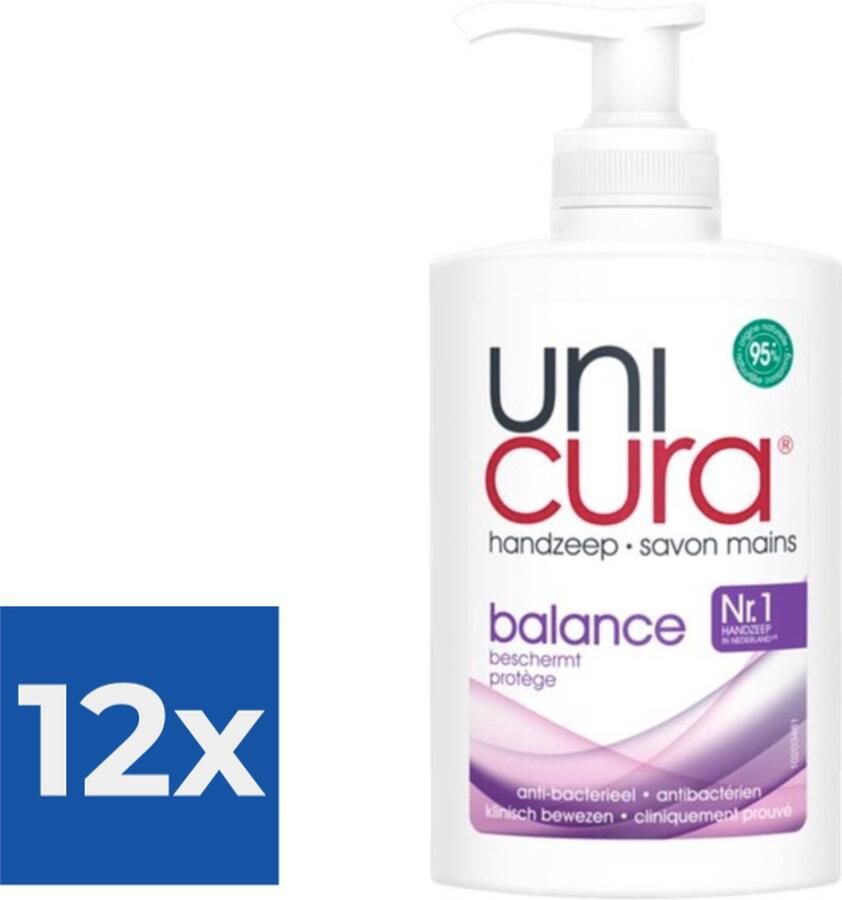 Unicura Vloeibare Handzeep Anti Bacterieel Balans 250ml Voordeelverpakking 12 stuks