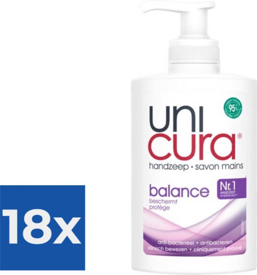 Unicura Vloeibare Handzeep Anti Bacterieel Balans 250ml Voordeelverpakking 18 stuks