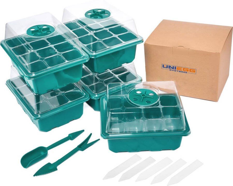 UNIEGG Systems™ UniEgg 5 Pack Kweekbak voor 60 zaailingen Compleet Kweekset inclusief accessoires Kweektafel Verstelbare Ventilatie Kweekbakken Moestuin