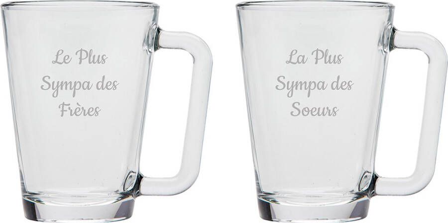 UNIGLASS Theeglas gegraveerd 26cl Le Plus Sympa des Frères & La Plus Sympa des Soeurs