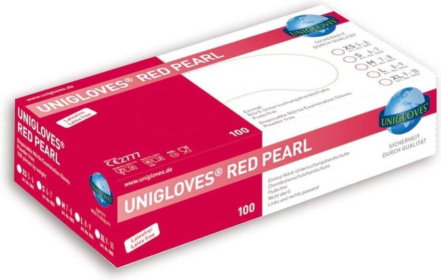 Unigloves Nitril wegwerp handschoenen Red Pearl maat M voor nagelstyliste. Nitril handschoenen voor manicure en pedicure behandelingen! Hygiëne in uw nagelsalon!