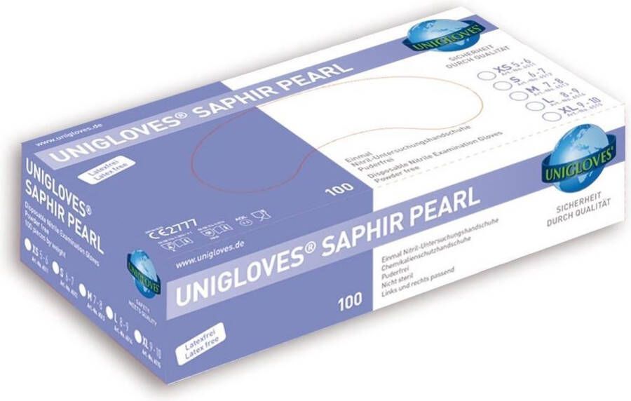 Unigloves Nitril wegwerp handschoenen Saphir Pearl maat M voor nagelstyliste. Nitril handschoenen voor manicure en pedicure behandelingen! Hygiëne in uw nagelsalon!