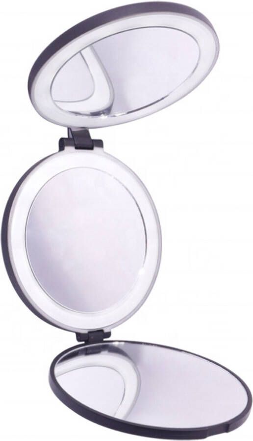 Uniq Drievoudige compacte reisspiegel met LED (vergroting 5x en 10x) Make up spiegel met verlichting Zwart