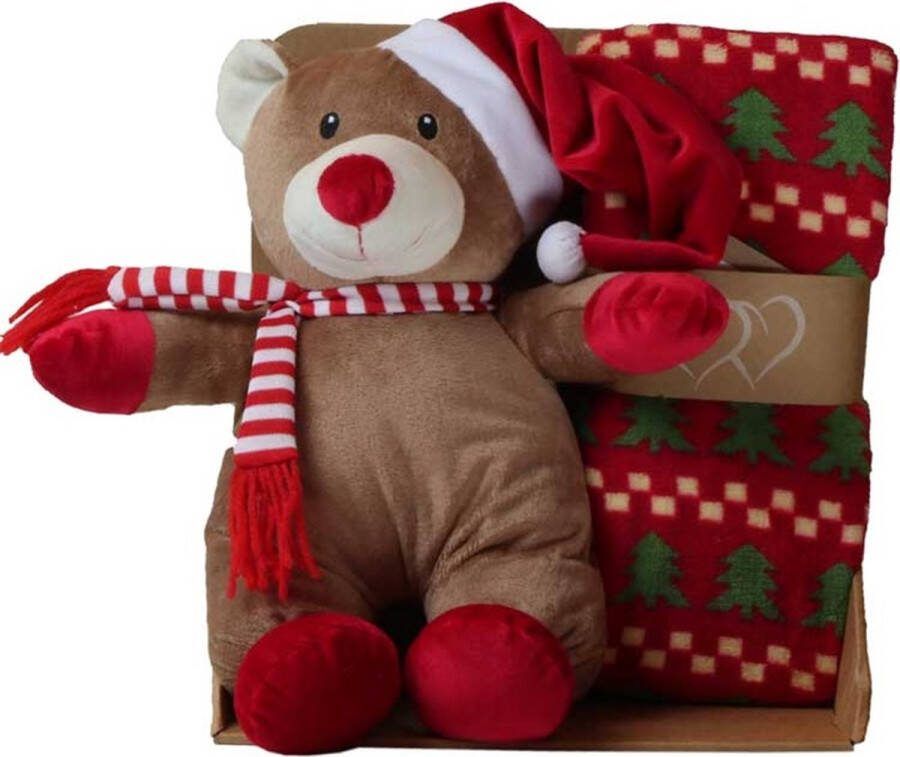 Unique Living Plaid Fleece kinderdeken met knuffel beer 30cm Xmas