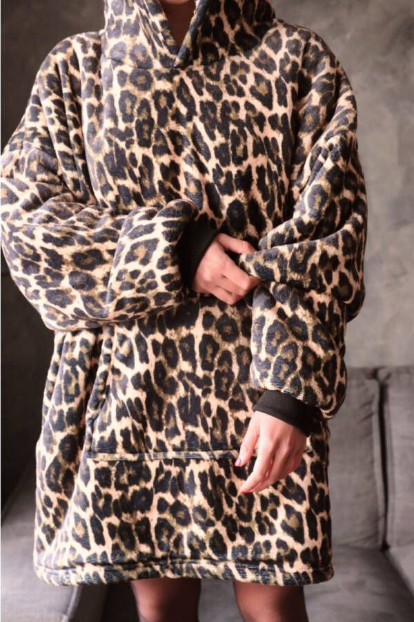 Unique Living Fleece Hoodie Plaid met mouwen Leopard dessin 4 One size fits all Dames en Heren