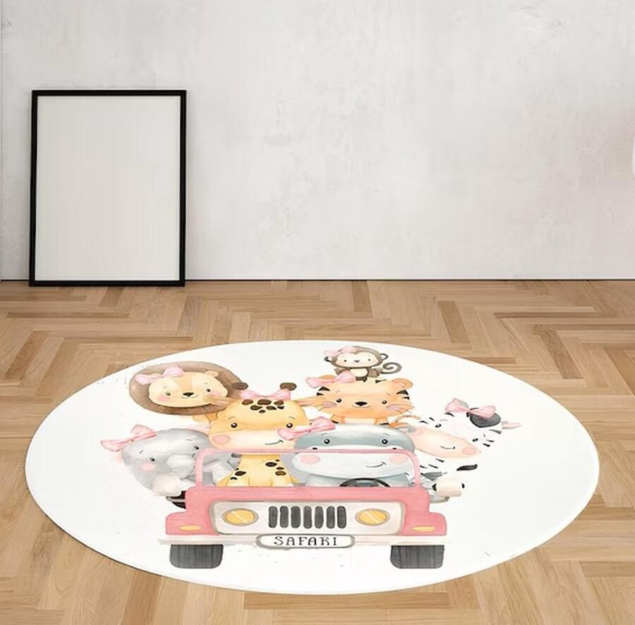 Unique-Treasure Schattig roze baby tapijt met safaridieren 120 x 120 cm