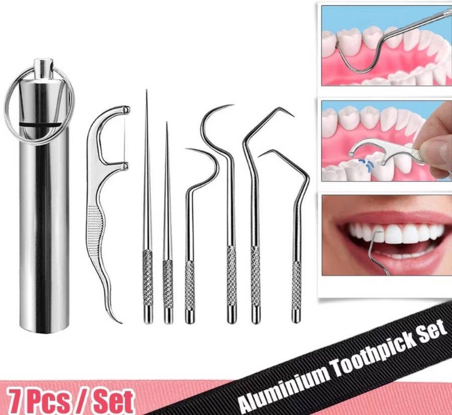 Universeel 7 Stks set Aluminium Tandenstoker Set Tand Flossen Herbruikbare Tandenstokers Draagbare Tandenstoker Floss Tanden Reiniger Mondreiniging