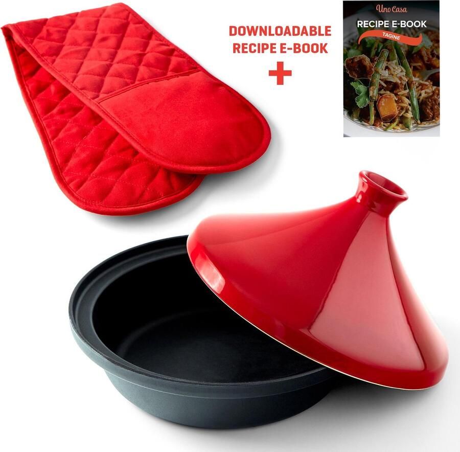 UnoCasa Uno Casa Gietijzeren Geëmailleerde Tajine Pan Ø 30 cm 3 45 liter Rood + Wanten en Receptenbook (e-book) Tajine Kookpot met Kegelvormige Keramische Deksel Kookpotten Anti-aanbaklaag Cast Iron
