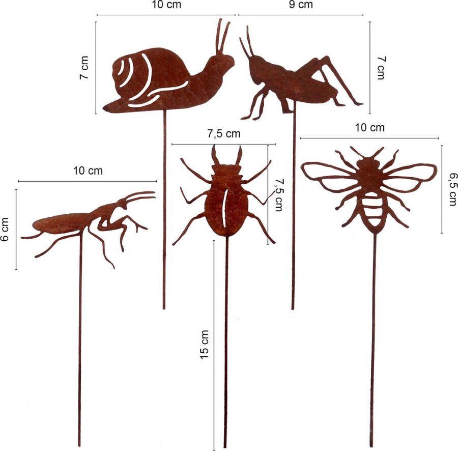 UNUS Insecten tuinstekers 5-delige kleine tuindecoratie metaal roest