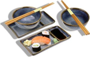 Urban Lifestyle Sushi Set Misaki grijsblauw voor twee personen 2 sushi-borden 2 schalen van keramiek 2 paar eetstokjes van bamboe