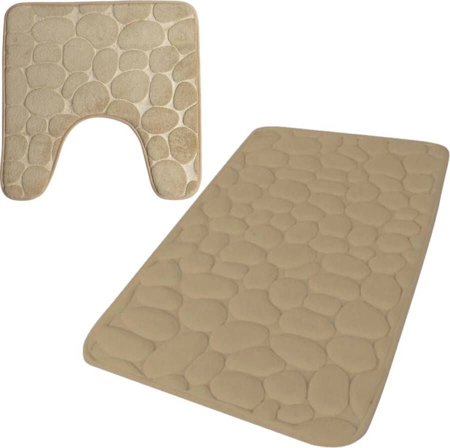 Urban Living badkamer droogloop matjes tapijt set 2x stuks memory foam beige
