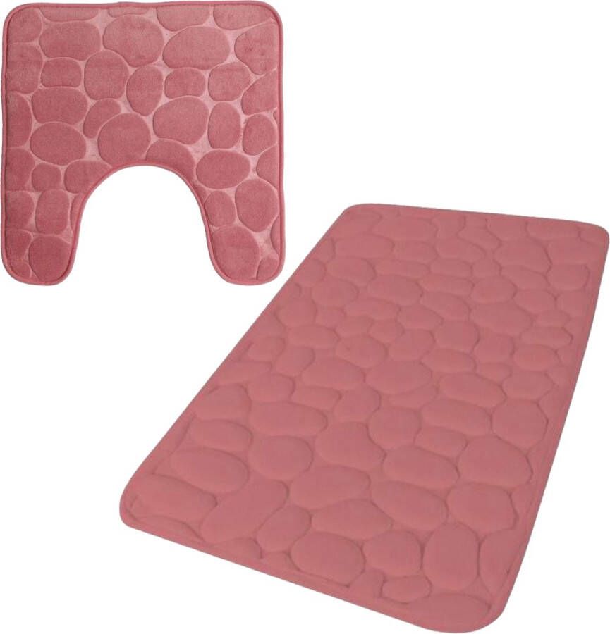 Urban Living badkamer droogloop matjes tapijt set 2x stuks memory foam oud roze