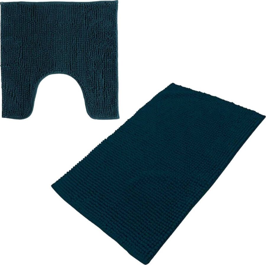Urban Living badkamer droogloop matjes tapijt set 2x stuks polyester donkerblauw