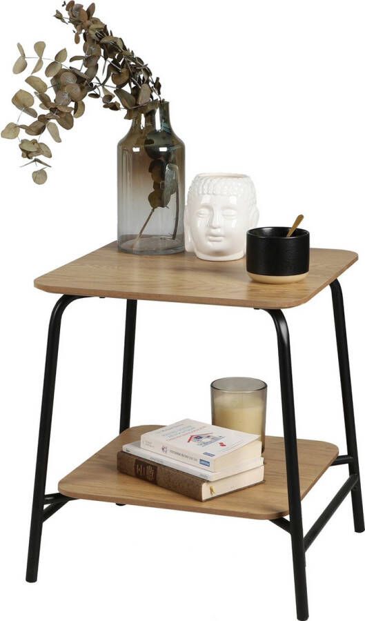 Urban Living Bijzettafel met 2 levels zwart bruin metaal hout L45 x B45 x H51 cm Bijzettafels