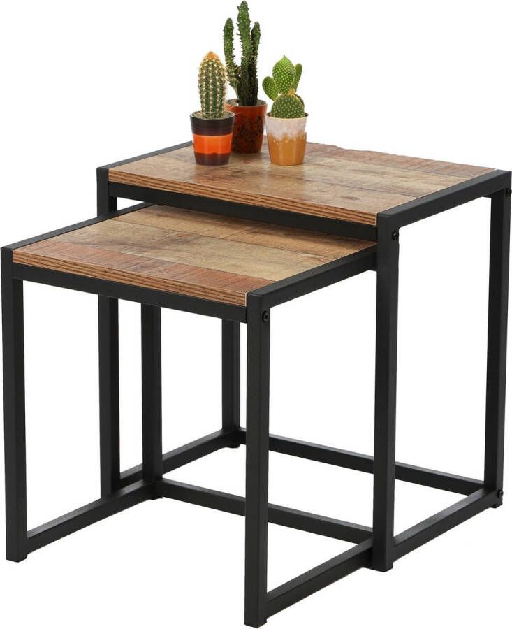 Urban Living Bijzettafels plantenstandaard 2-delig zwart metaal hout L44 x B30 x H45 en L38 x B30 x H40 cm Bij