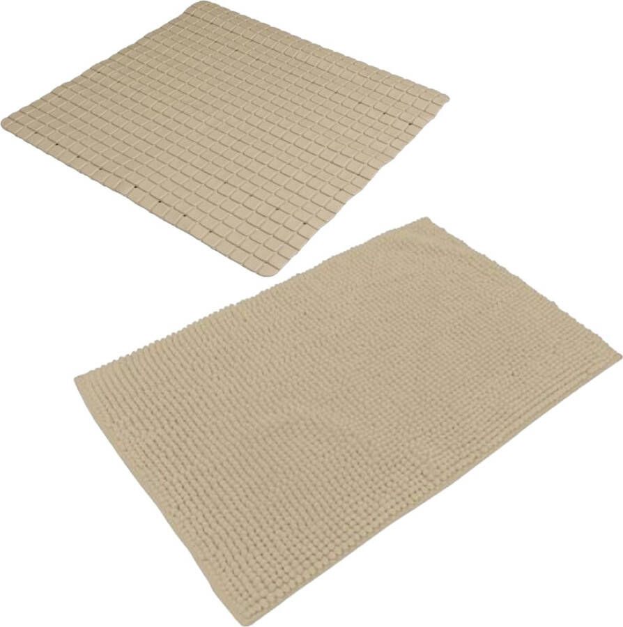 Urban Living Douche anti-slip en droogloop mat tapijt badkamer set rubber polyester beige