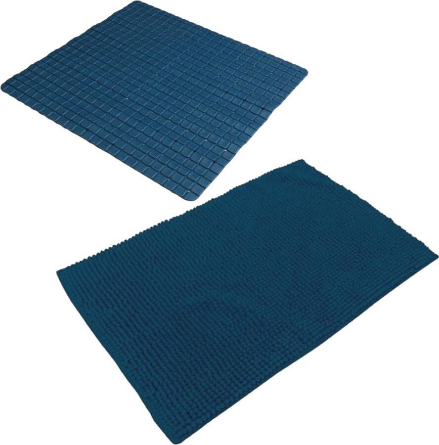 Urban Living Douche anti-slip en droogloop mat tapijt badkamer set rubber polyester donkerblauw