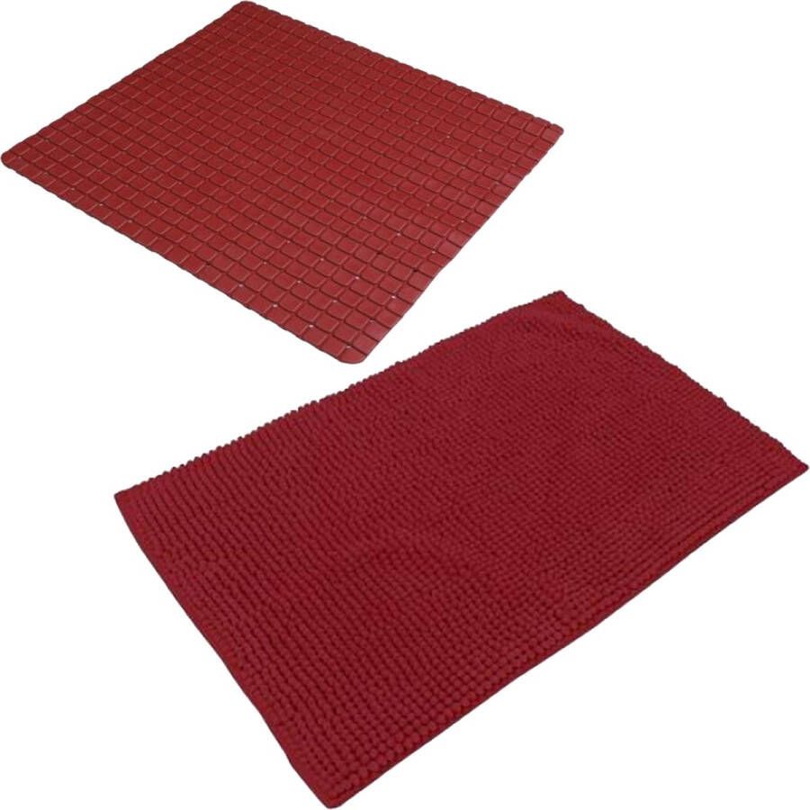 Urban Living Douche anti-slip en droogloop mat tapijt badkamer set rubber polyester donkerrood
