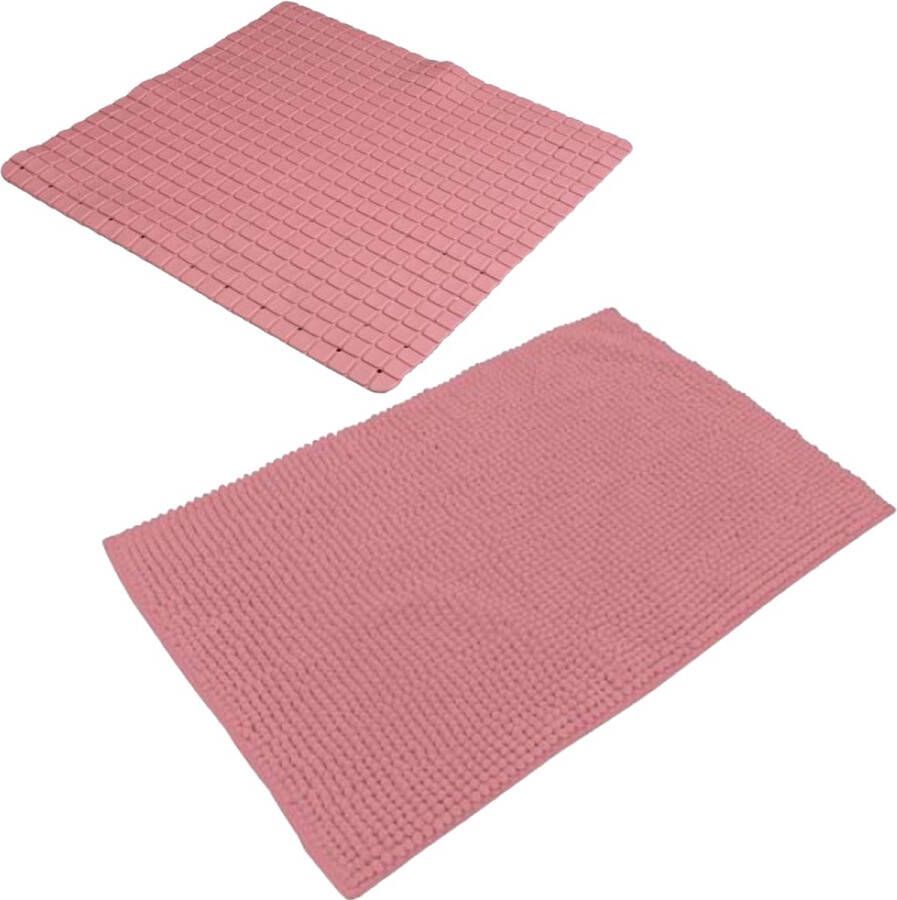 Urban Living Douche anti-slip en droogloop mat tapijt badkamer set rubber polyester oud roze