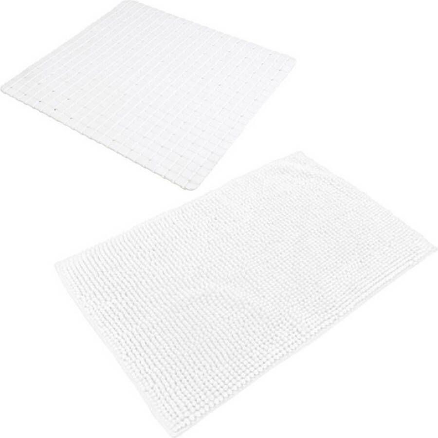 Urban Living Douche anti-slip en droogloop mat tapijt badkamer set rubber polyester parel wit