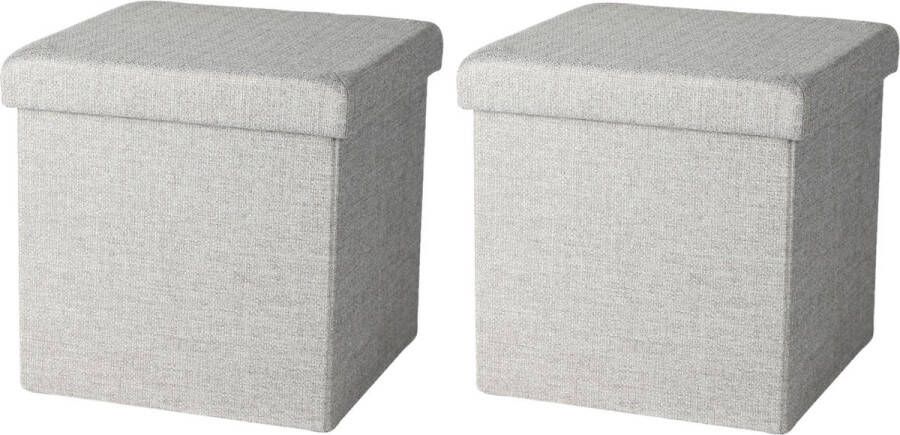 Urban Living Poef hocker 2x opbergbox zit krukje lichtgrijs polyester mdf 38 x 38 cm opvouwbaar Poefs