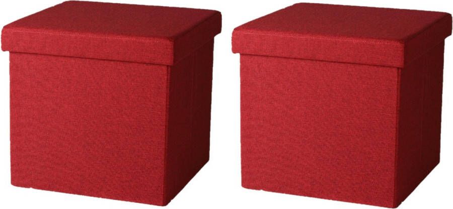 Urban Living Poef hocker 2x opbergbox zit krukje rood linnen mdf 37 x 37 cm opvouwbaar