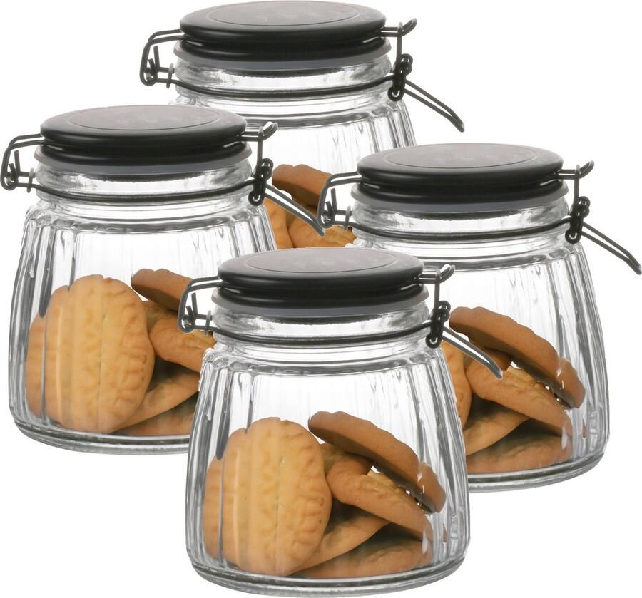 Urban Living Weckpot inmaakpot 4x 1L glas met beugelsluiting mat zwarte deksel