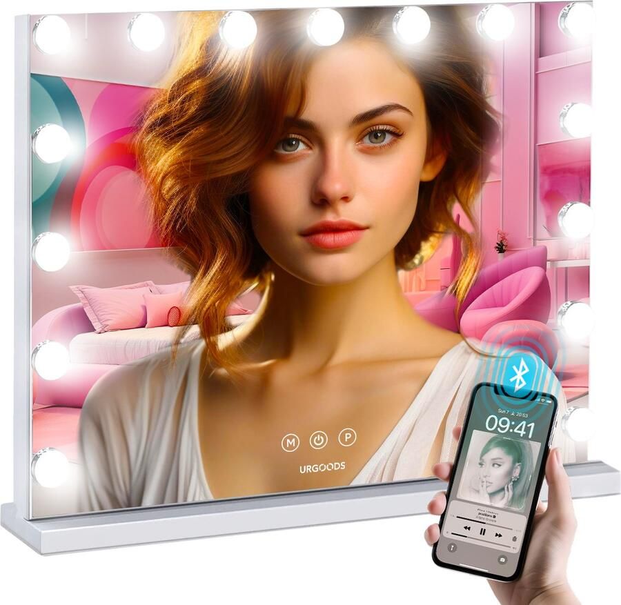 URGOODS Hollywood Spiegel met Verlichting Make up Spiegel met Bluetooth Speaker Functie Dimbaar LED Holywood 58x48cm Zilver
