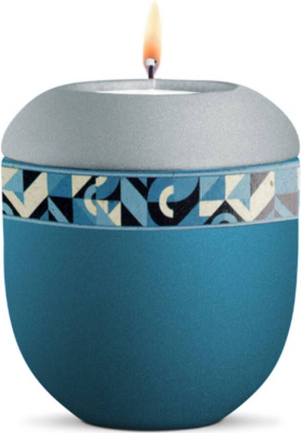 UrnExpert Mini urn met herdenkingslicht blauw en grijs met geometrisch decoratie mini-urnen mini urnen voor mensen mini urn voor as volwassen kleine urne voor as mens mini urn waxinelichthouder mini-urnen met kaarsje