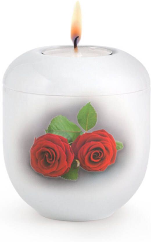 UrnExpert Mini urn met herdenkingslicht wit twee rode rozen mini-urnen mini urnen voor mensen mini urn voor as volwassen kleine urne voor as mens mini urn waxinelichthouder mini-urnen met kaarsje