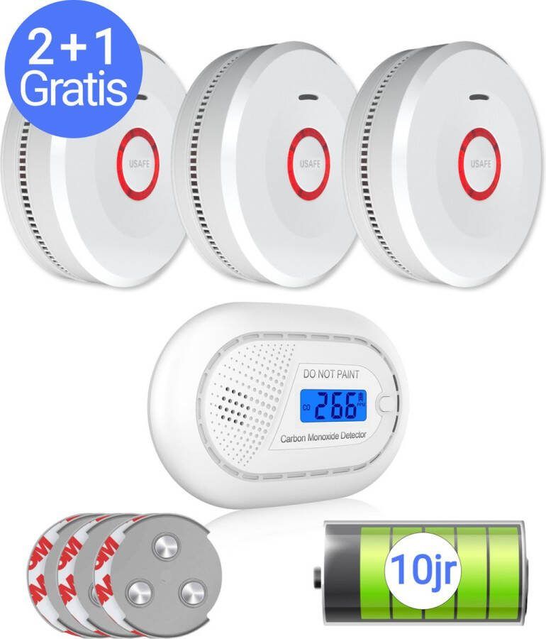 USAFE Rookmelder set van 3 en Koolmonoxidemelder Rookmelders met 10 jaar batterij CO2 melder en Brandmelder 2 + 1 Gratis met Magneetmontage