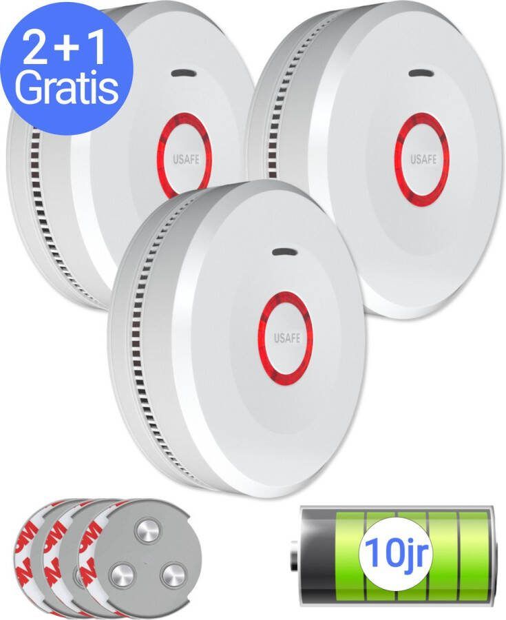 USAFE Rookmelder set van 3 Rookmelders met 10 jaar batterij Brandmelder 2 + 1 Gratis met Magneetmontage 85dB en LED Alarm