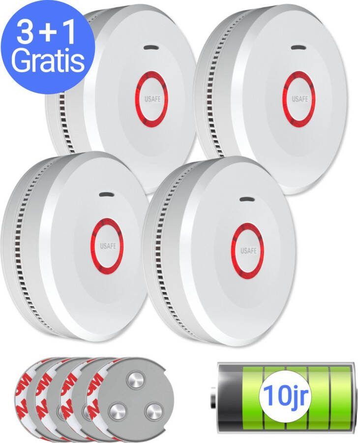 USAFE Rookmelder set van 4 Rookmelders met 10 jaar batterij Brandmelder 3 + 1 Gratis met Magneetmontage 85dB en LED Alarm