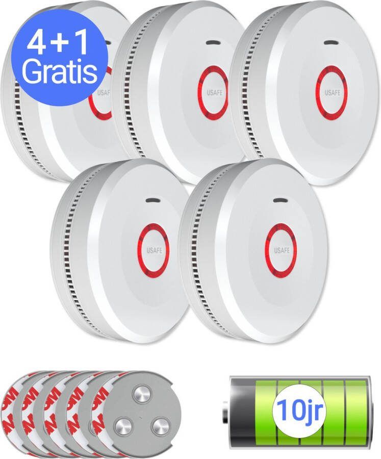 USAFE Rookmelder set van 5 Rookmelders met 10 jaar batterij Brandmelder 4 + 1 Gratis met Magneetmontage 85dB en LED Alarm