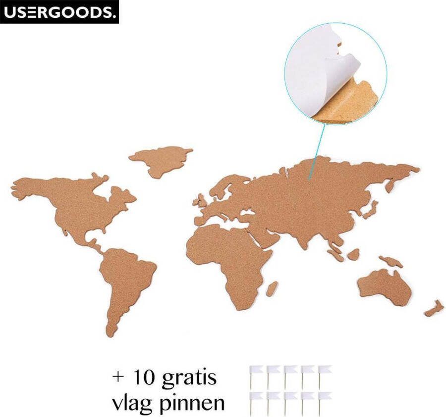 UserGoods Wereldkaart Kurk Prikbord met 10 Gratis Vlag Pinnen Zelfklevend Kurk Muurdecoratie World Map Wanddecoratie 46 x 100 cm