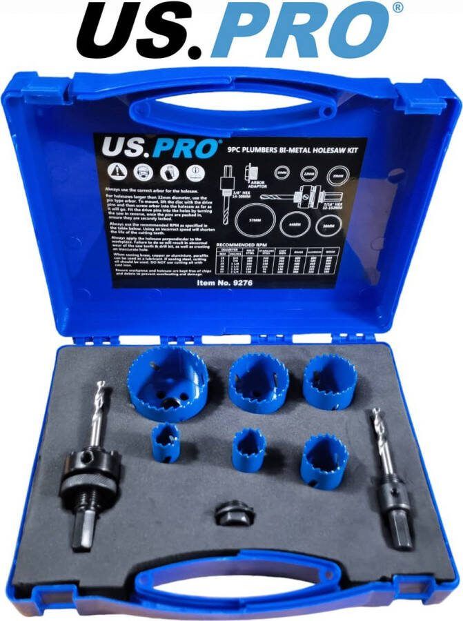 US.PRO Tools by Bergen Gatenzaag set met 6 gatenzagen 9 22 29 38 44 en 57 mm voor het zagen van gaten in aluminium staal roestvrij staal kunststof en hout (9-delig)