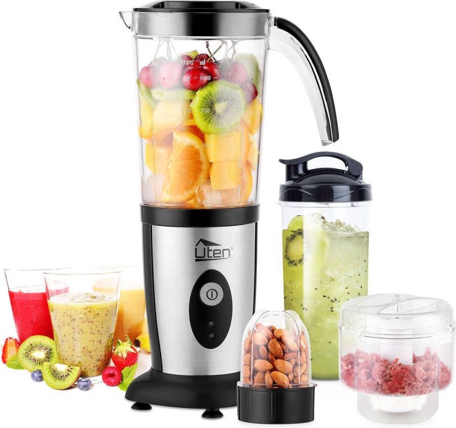 Uten 1.25L Stand Mixer Blender Smoothie Blender Crushers Blender Ice Crushers Mini Blender (voor Shake Smoothie Drankjes van Fruit en Groenten 22000 rpm 220W Roestvaststalen Messen 304 Zilver)