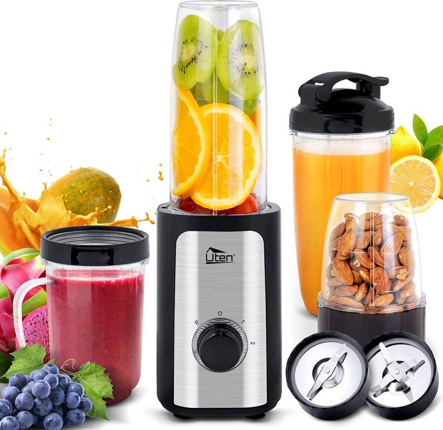 Uten Multifunctionele staande Blender Smoothie Blender Crushers Blender 2 snelheden Blender Mini Blender (Voor Fruit en Shake Smoothie Drank met veilige vergrendeling 22000 RPM 304 roestvrij staal messen Zilver)