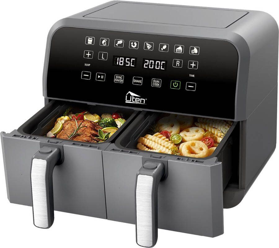 Uten Dubbele Airfryer Heteluchtfriteuse Airfryer XXL 2 x 4 liter 8 Programma's Dual cook functie 4 Accesoires 40 tot 200°C 1700 watt Zwart RVS