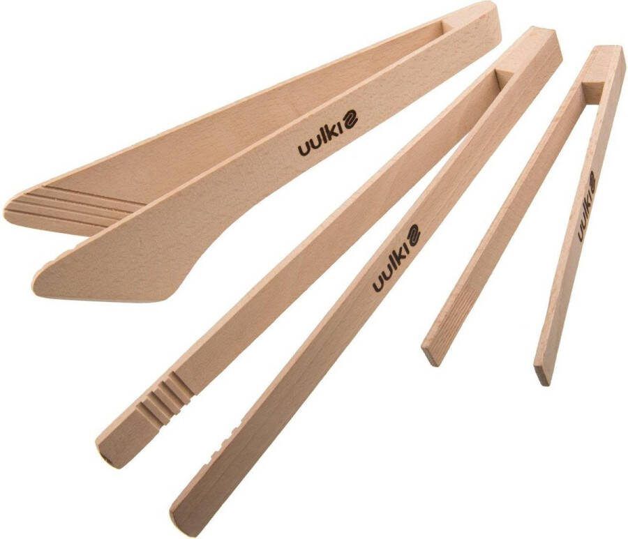 Uulki 3-delige Set Ecologische Keukentangen uit Europees Beukenhout – Barbecuetang 30 cm Serveertang Grill Tang 28 cm Gourmet Tang 22 cm uit hout